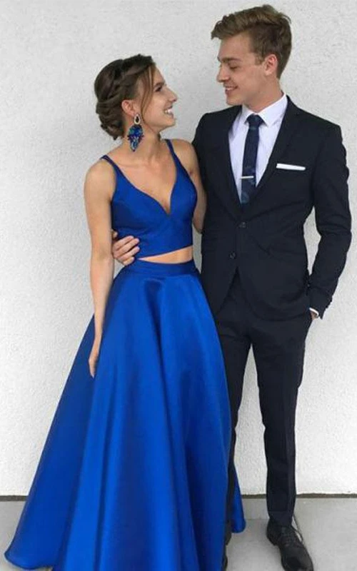 A-Linien-Zweiteiler-Kleid aus Satin mit V-Ausschnitt, ärmellos und mit Reißverschluss