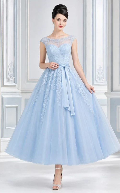 Sky Blue Vintage 1950s Square Neck Short Sleeve Tulle A-Line Gown Dress