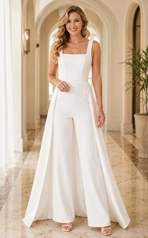 Combinaison de mariée civile de luxe, col carré, bretelles, jambes larges, cape