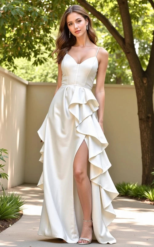 Vestido drapeado de satén con tirantes finos y abertura frontal