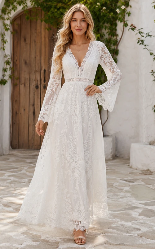 Robe de mariée en dentelle florale, coupe trapèze, longueur cheville, col en V, manches cloche longues, ourlet festonné, fermeture éclair au dos
