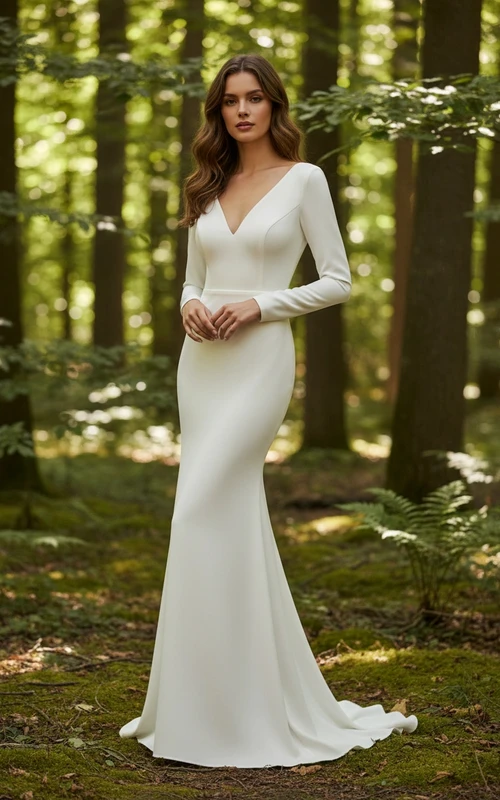 Elegantes, minimalistisches Meerjungfrauen-Brautkleid aus Crêpe mit langen Ärmeln und V-Ausschnitt