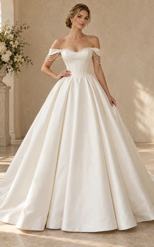 Vestido de novia romántico con escote corazón, perlas y falda plisada de satén.