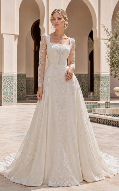 Robe de mariée trapèze en dentelle à manches longues et col carré, manches longues, bouton illusion et traîne courte
