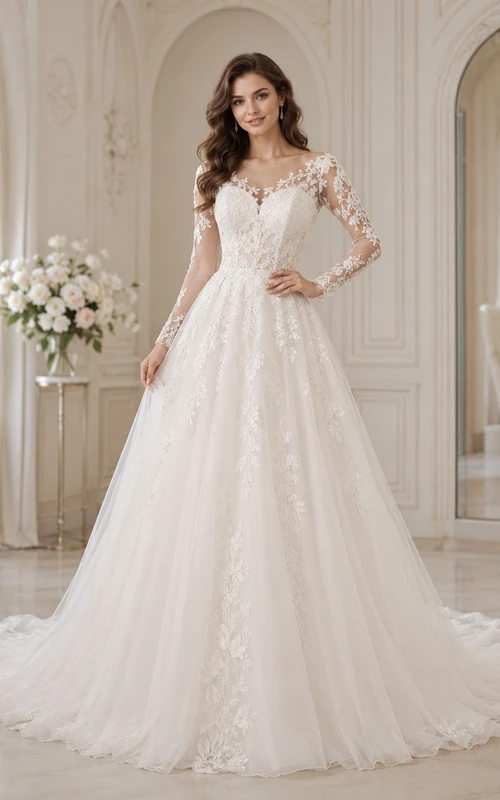 Robe de mariée en dentelle raffinée, tulle transparent, col montant, manches longues transparentes, coupe trapèze, traîne chapelle, applications florales et dos illusion