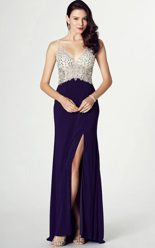 Ärmelloses, perlenbesetztes Jersey-Abendkleid mit V-Ausschnitt