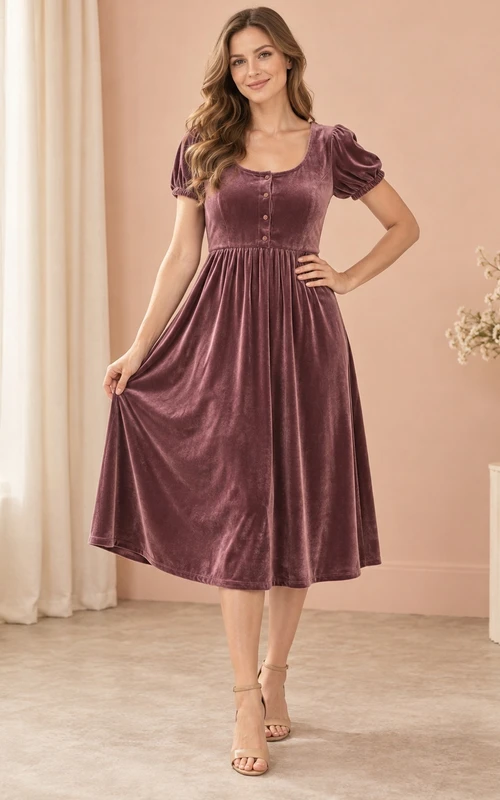 Robe midi en velours mauve à col rond, manches bouffantes et corsage boutonné