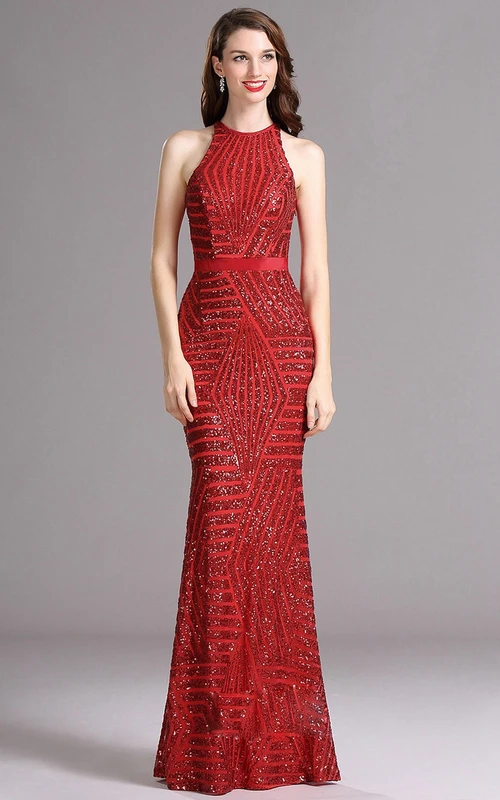Robe fourreau dos nu sans manches à sequins illusion