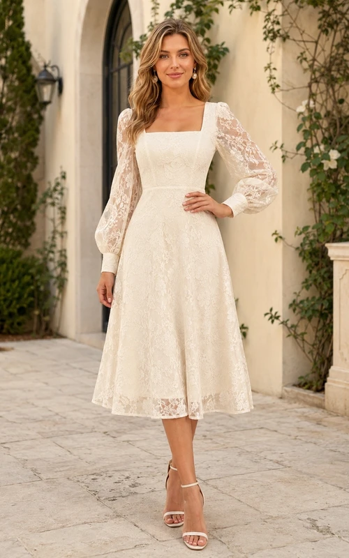 Vintage Langarmkleid mit eckigem Ausschnitt, Spitze, Teelänge, für das Probeessen