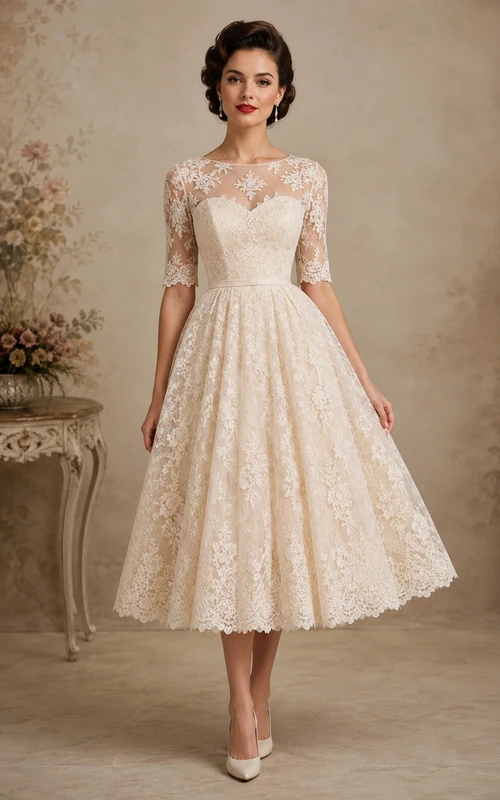Vintage Champagne Half-sleeve Illusion Lace Tea Dress