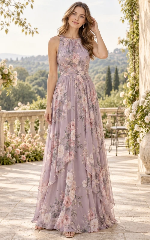 Vestido de dama de honor de corte A largo hasta el suelo con escote halter y capas de gasa con estampado floral vintage de glicinias