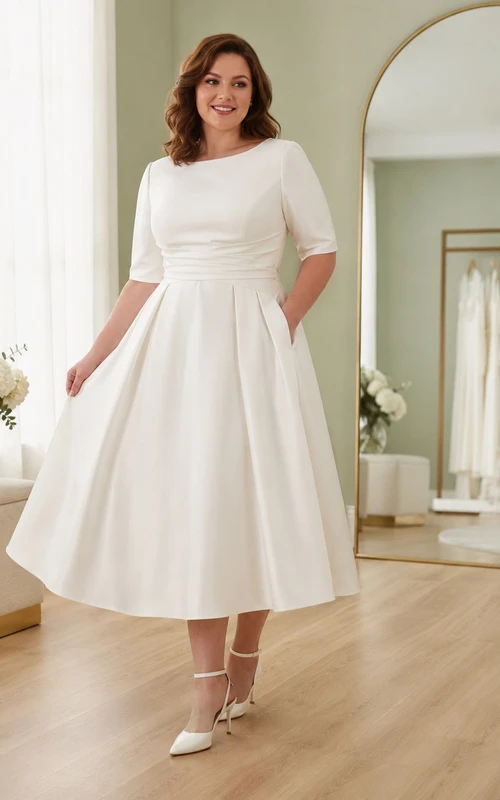 Schlichtes, elegantes Brautkleid in Übergröße mit Teelänge, U-Boot-Ausschnitt, halben Ärmeln und A-Linien-Schnitt aus Satin