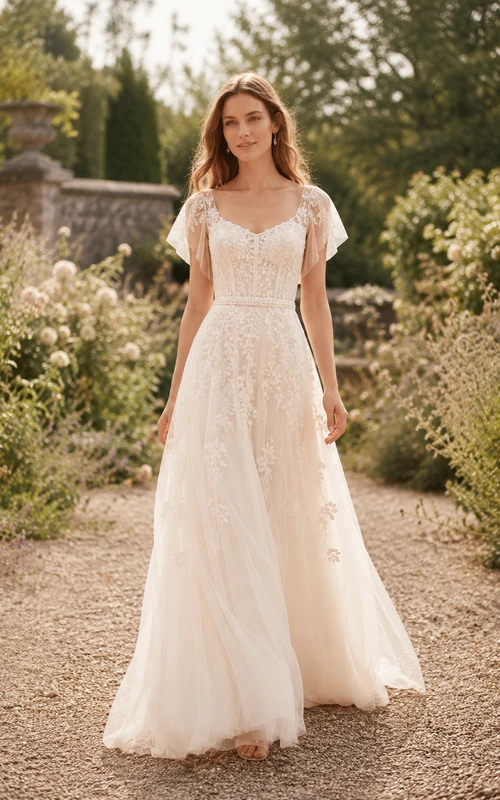 Robe de mariée ivoire en tulle, col V, manches papillon, coupe trapèze, col en V