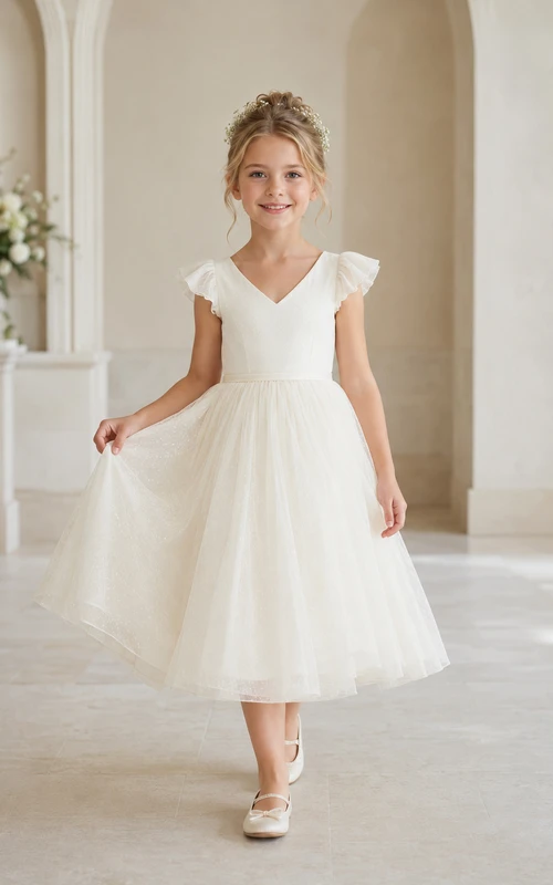 Vestido de niña de flores blanco de tul y satén con mangas cortas, corte en A, escote en V y falda a la altura de la rodilla con detalle de lazo.