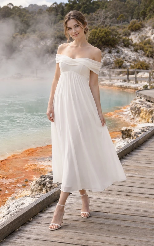 Schlichtes, teelanges, schulterfreies Brautkleid in A-Linie mit Raffungen