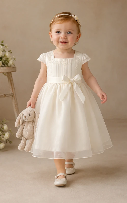 Square Neck Baptism Dress A-Line Tulle Lace Short Sleeve Bow Back
