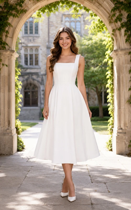 Vestido midi blanco de tirantes con escote cuadrado para fotos de graduación