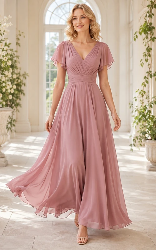 Dusty Rose Chiffon V-Neck Flutter Sleeve A-Line Floor-Length Romantic Gown