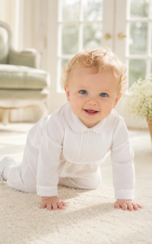 White Smocked Bib Long Sleeve Infant Baptism One Piece for Baby Boy