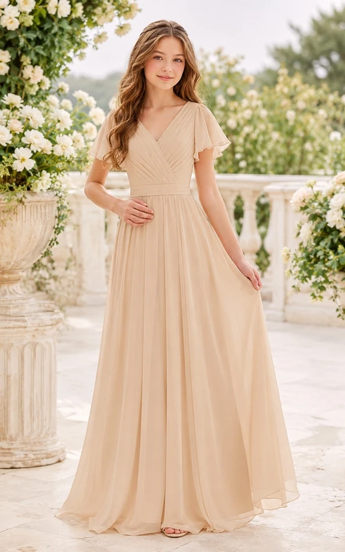 Vestido de dama de honor juvenil color champán, corte en A, escote en V, manga corta, plisado, estilo romántico.