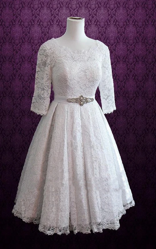 Retro-Teelängen-Spitzenhochzeitskleid Christina