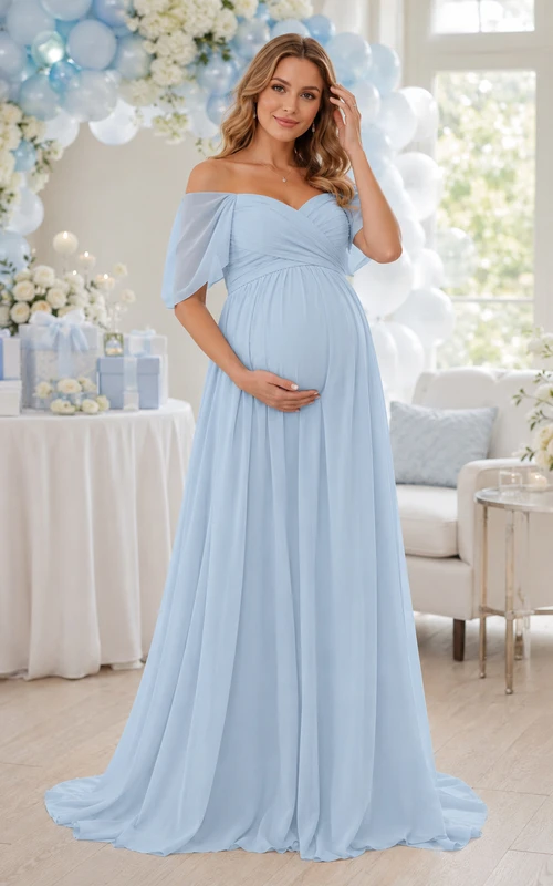 Hellblaues schulterfreies Chiffon-Umstandskleid für die Dusche