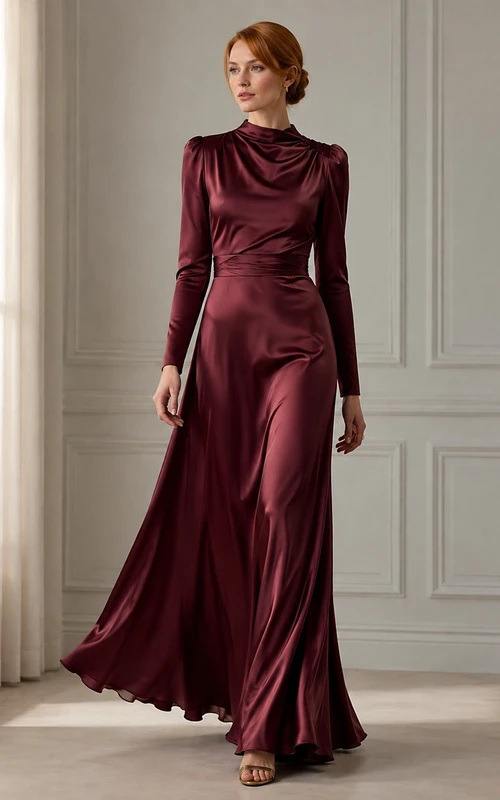 Burgundy High Neck Long Sleeve Draped Velvet Sheath Evening Floor-Length Dress