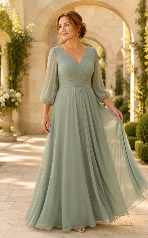 MOB-Kleid aus salbeigrünem Chiffon, A-Linie, lange Ärmel, V-Ausschnitt, bodenlang, plissiert