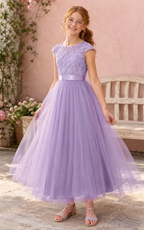 Lavendelfarbenes Brautjungfernkleid für junge Damen, A-Linie, eckiger Schnitt, kurze Flügelärmel, Spitze, Tüll, bezaubernd, romantisch