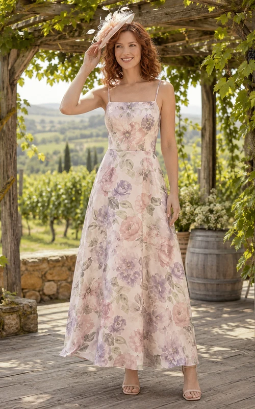 Blush Floral Print Strapless Tea-length A-Line Dress