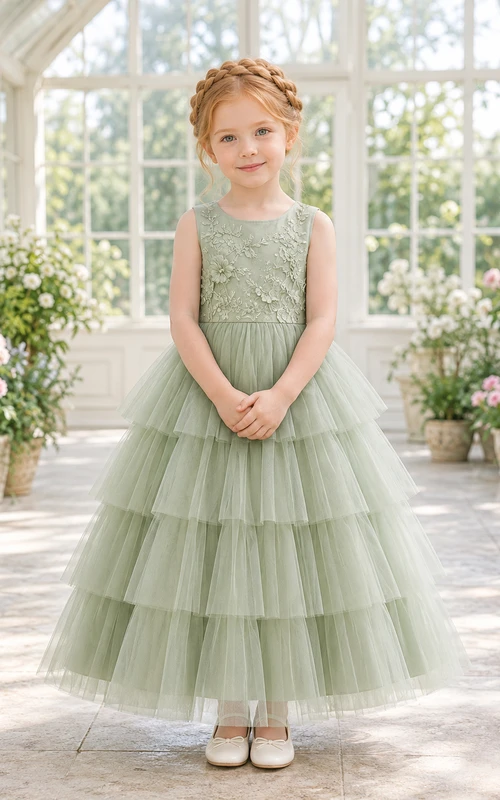 Robe de bal sans manches en tulle à volants et dentelle florale sauge, longueur thé, idéale pour une demoiselle d'honneur ou un jardin.