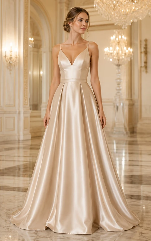 Evening Gown Champagne Satin A-Line V-Neck Sleeveless Floor Length