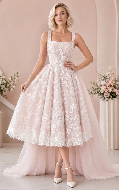 Ärmelloses, hochgeschlossenes Brautkleid aus Spitze in zartem Rosa mit eckigem Ausschnitt und mehreren Lagen