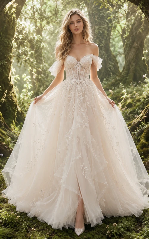 Fairy Off-Shoulder Layered Tulle Enchanted Forest Bridal Gown