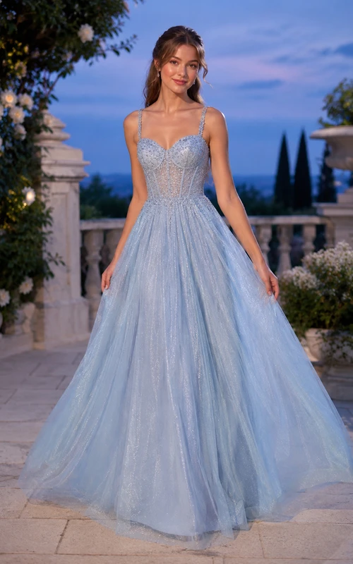 Himmelblaues Ballkleid aus Spitze und Tüll, festliches Kleid
