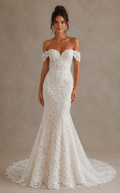 Off Shoulder Lace Mermaid Wedding Dress with Illusion Sleeves and Scalloped Train