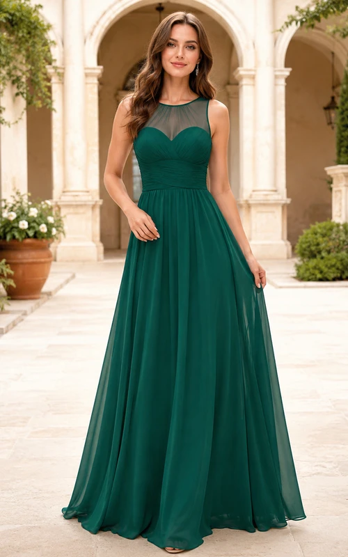 Vestido de gasa de corte A con espalda ilusión verde oscuro