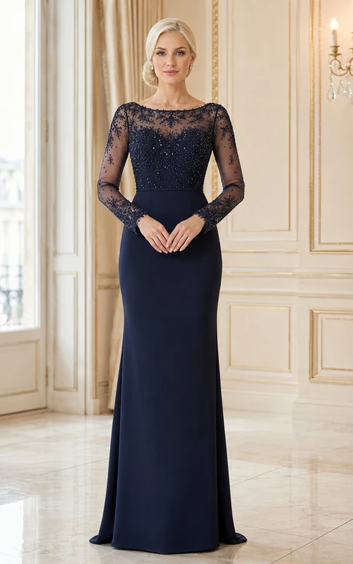 Vestido de novia largo de manga larga con encaje floral y escote barco en azul marino oscuro, estilo sirena, para madres.