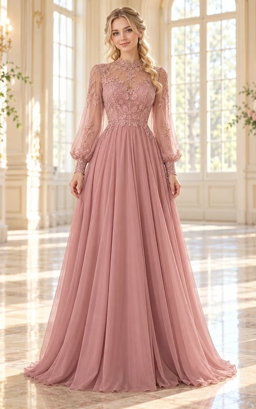 Robe de bal vintage rose poudré à manches longues et col montant en dentelle
