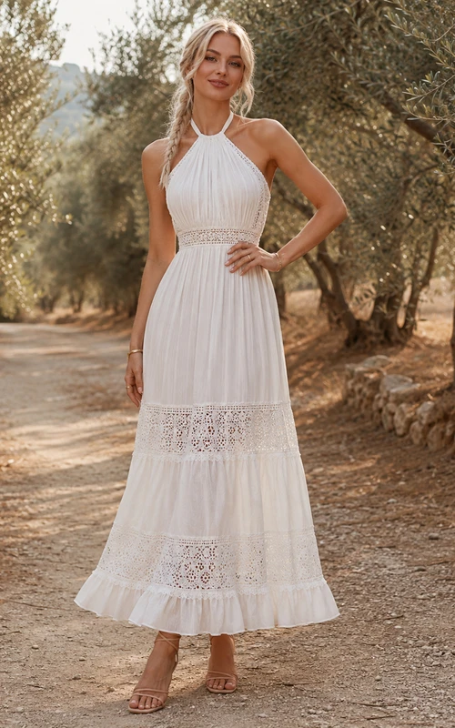 Weißes Neckholder-Kleid aus Chiffon mit hochgeschlossenem, rückenfreiem und gestuftem Chiffon-Spitzenkleid im Boho-Stil