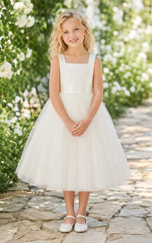 Vestido de tul de corte A, largo midi, sin mangas, con escote cuadrado y cuello cuadrado, ideal para bodas en el jardín. Con lazo.