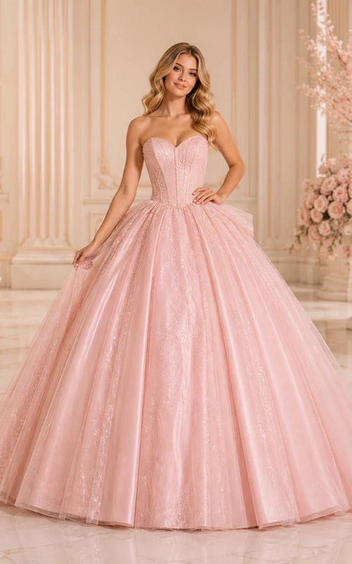 Blushing Pink Luxury Strapless Sweetheart Oversized Bow Glitter Sweet Sixteen Princess Ball Gown