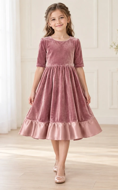 Schlichtes, altrosafarbenes, teelanges, gerades Satin- und Samtkleid mit Rüschen für Blumenmädchen