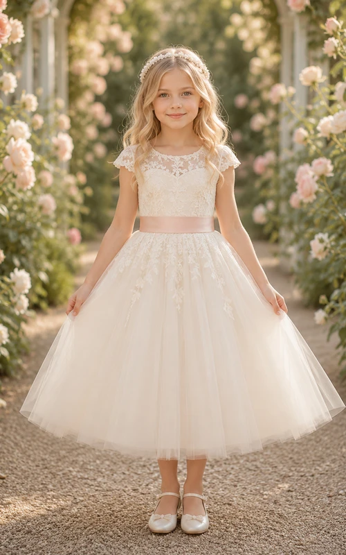 Bow Back Tulle A-Line Flower Girl Dress with Jewel Neck and Tea-Length Skirt