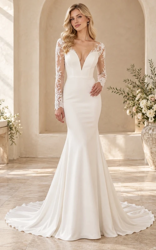 Mermaid Long Sleeve Plunge V-neck Lace Satin Wedding Dress