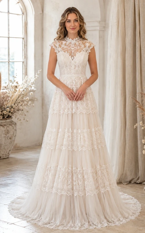 Vestido de novia modesto de manga corta, cuello alto, corte en A, encaje y volantes, color marfil