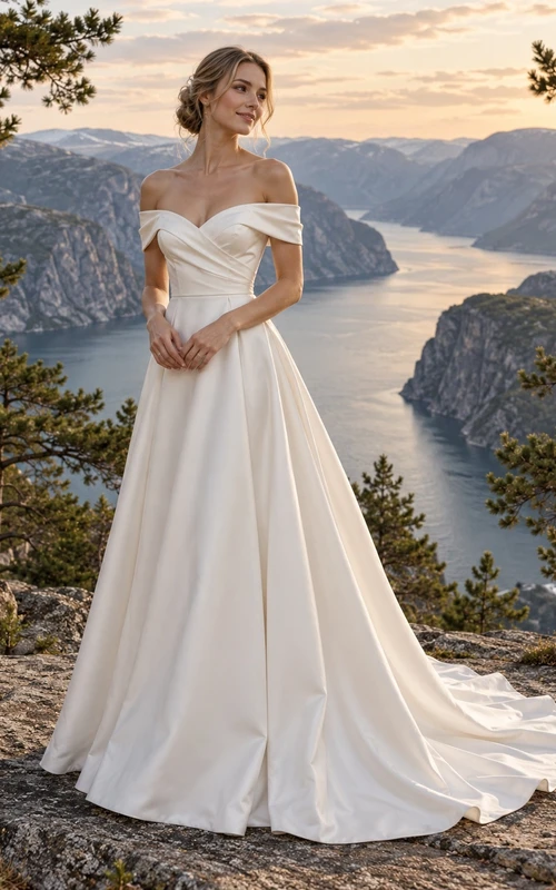 Vestido de novia de satén con escote Bardot, corte en A, corpiño cruzado simulado y cola redondeada.