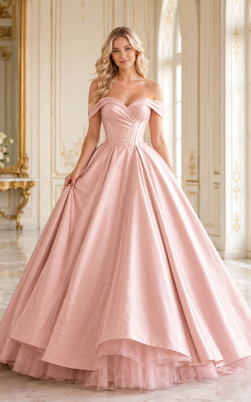 Vestido de fiesta de lujo Rose Palace Blush, largo hasta el suelo, con escote Bardot y manga corta, de satén.