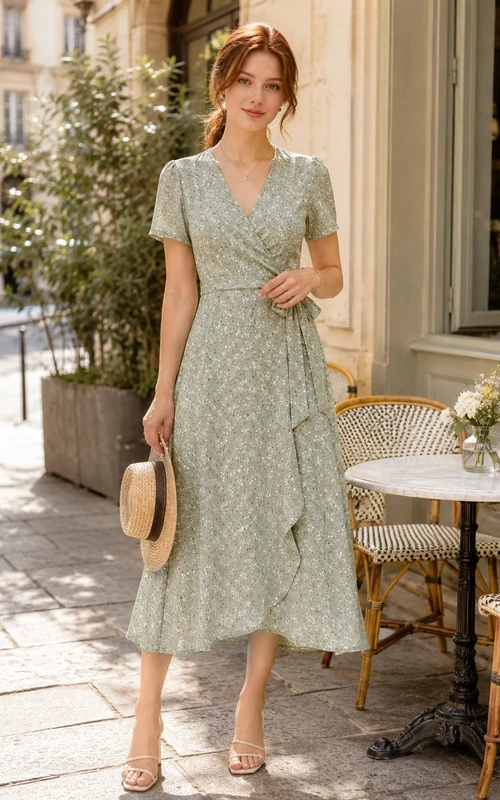 Vestido midi cruzado de manga corta con escote en V y estampado floral en color verde salvia