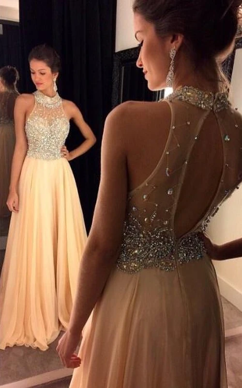 Robe de soirée glamour à col montant ornée de perles et de cristaux, coupe trapèze, fermeture éclair